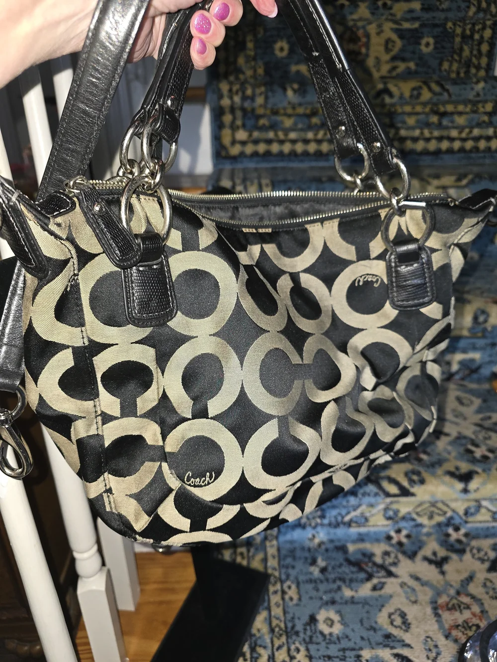 COACH Black and Cream Signature Canvas Shoulder Bag 